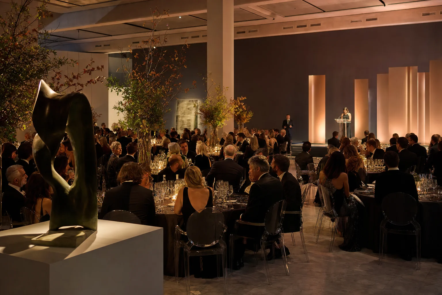 Black-tie guests at a warmly lit corporate gala in a contemporary gallery