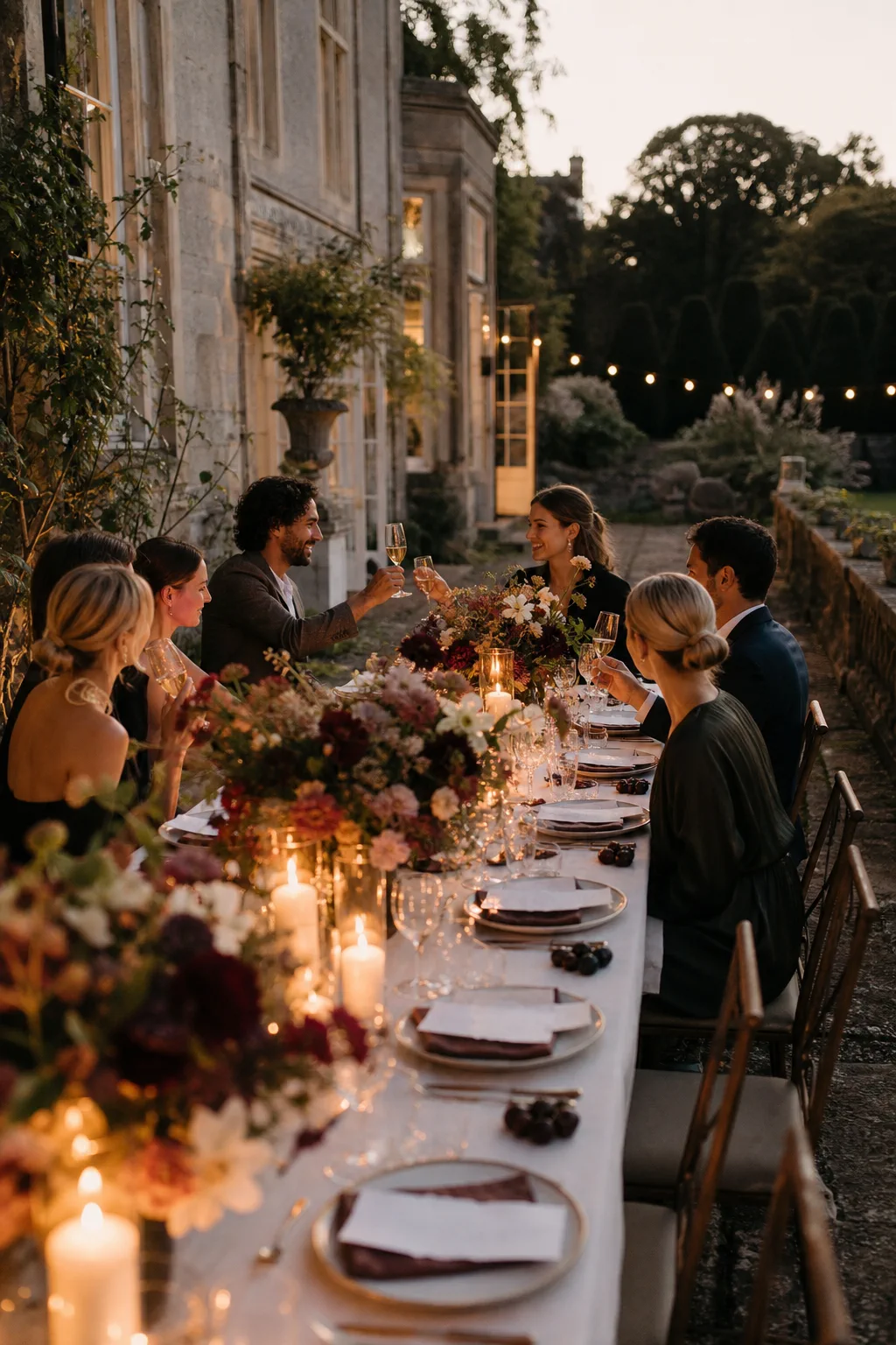 Friends sharing a candlelit private dinner on an English country-house terrace