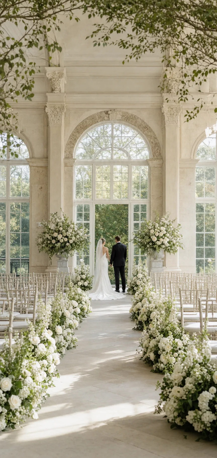Ivory floral wedding ceremony arranged in a light-filled orangery